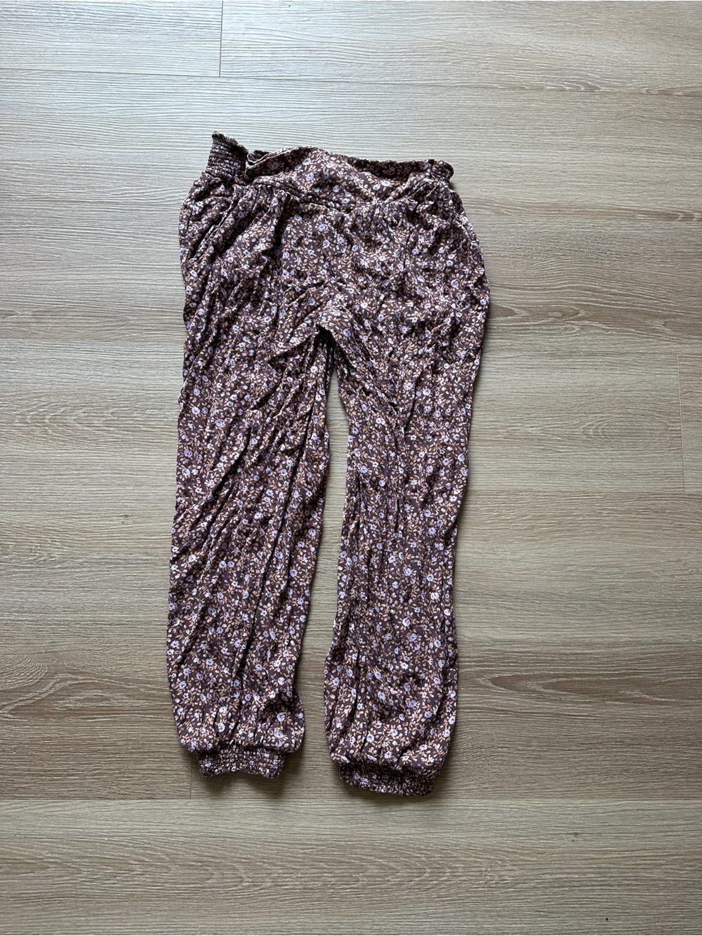 Aerie Brown Floral Elastic-Waist Pants